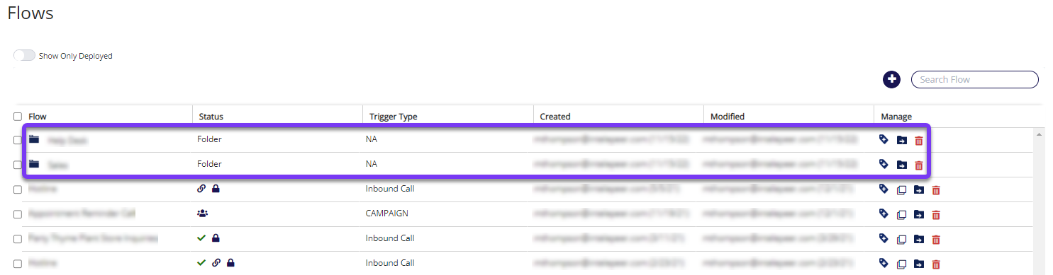 Flows page example with folders highlighted in the table